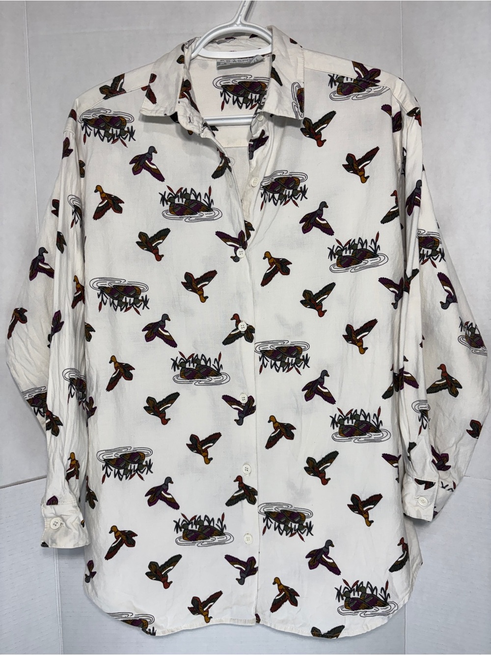 Vintage P.S. Sport Casual White Duck-Print Teacher Shirt Button-Down FLAWED